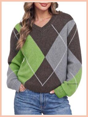 Womens V Neck Argyle Sweater Long Sleeve Knit Pullover